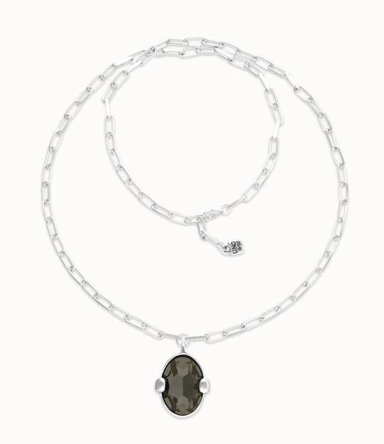 Long necklace with large gray oval faceted crystal